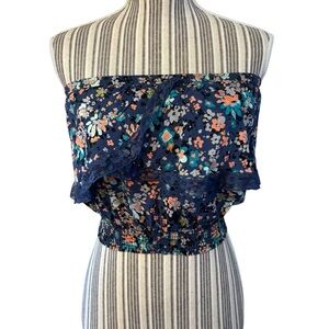 Kirra Crop Top Small Navy Blue Floral Teal Peach Taupe Lace Rayon Elasticized